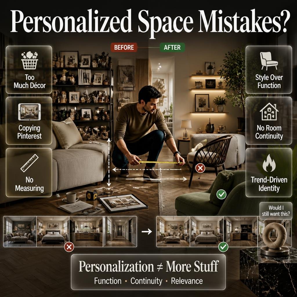 Interior design mistakes including clutter, oversized furniture, mismatched rooms, trend copying, and poor furniture planning