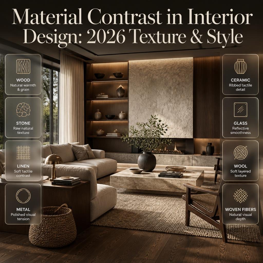Material contrast in interior design using wood, stone, linen, metal, ceramic, glass, wool, and woven textures for visual depth.
