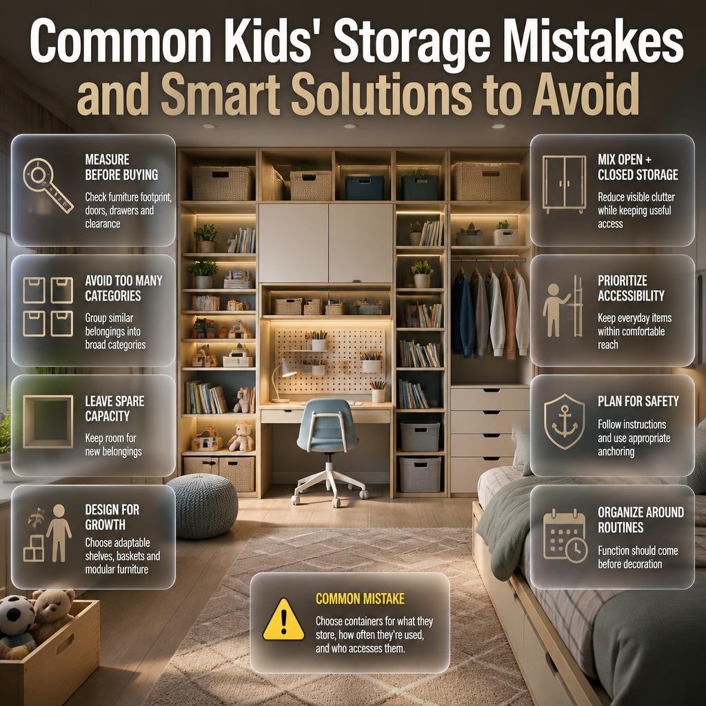 Kids' room storage mistakes including poor measuring, overfilled compartments, inaccessible shelves, unsafe furniture, and weak organization
