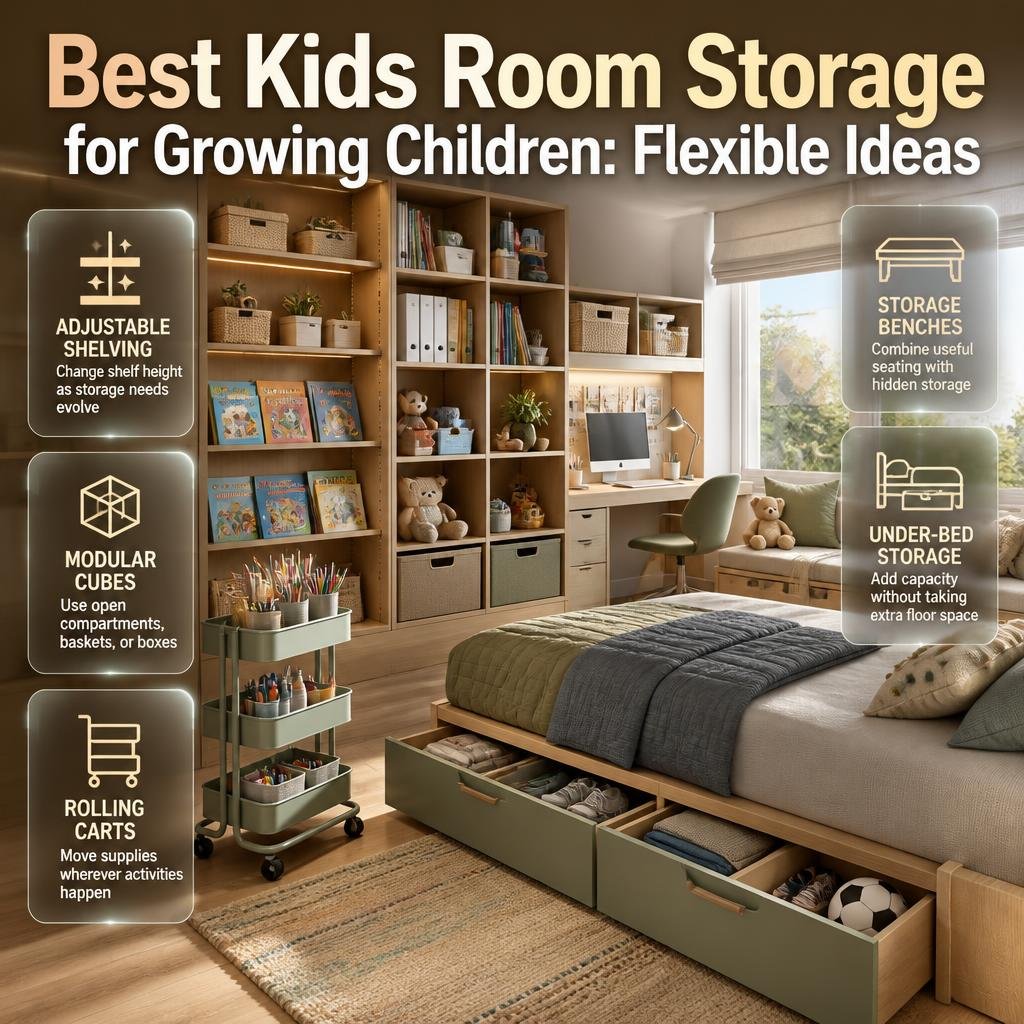 Flexible kids room storage featuring adjustable shelves, modular cubes, rolling carts, storage benches, and under-bed organizers