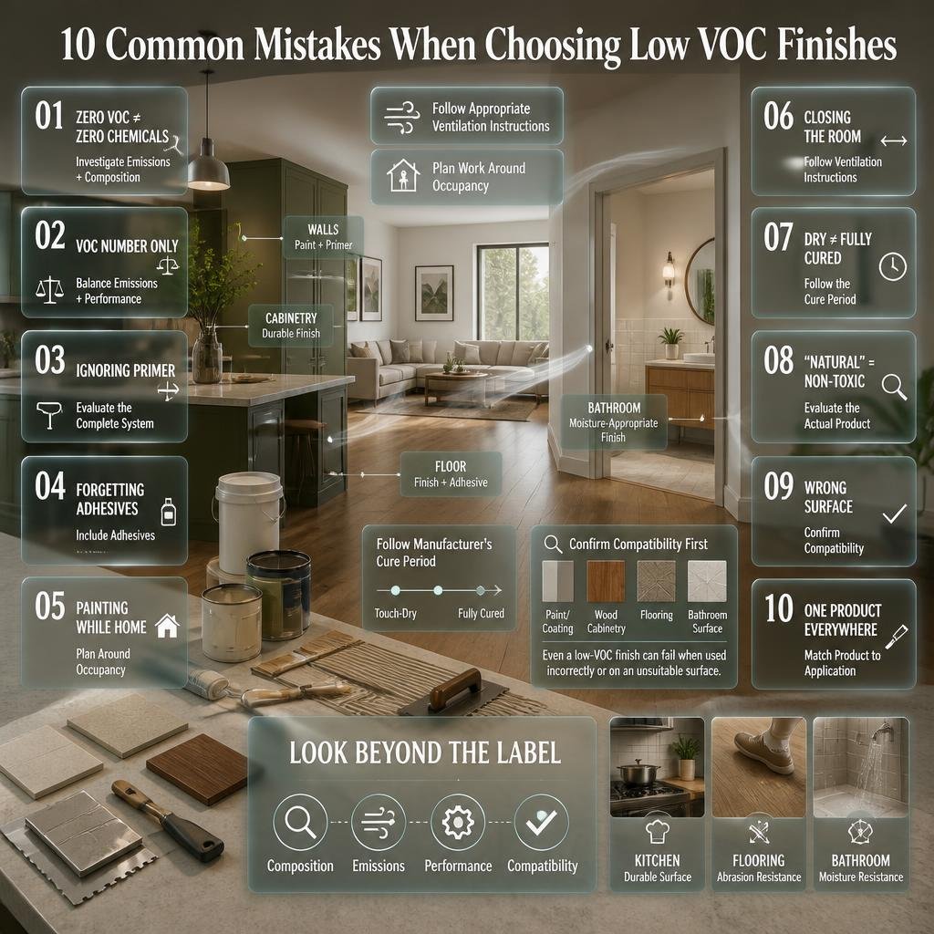 10 common low VOC finish mistakes showing incorrect product selection, primer, adhesives, ventilation, curing, and surface compatibility.
