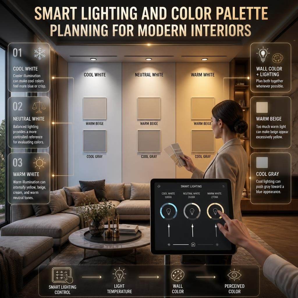 Smart lighting and color palette planning showing cool, neutral, and warm light changing how wall colors appear indoors