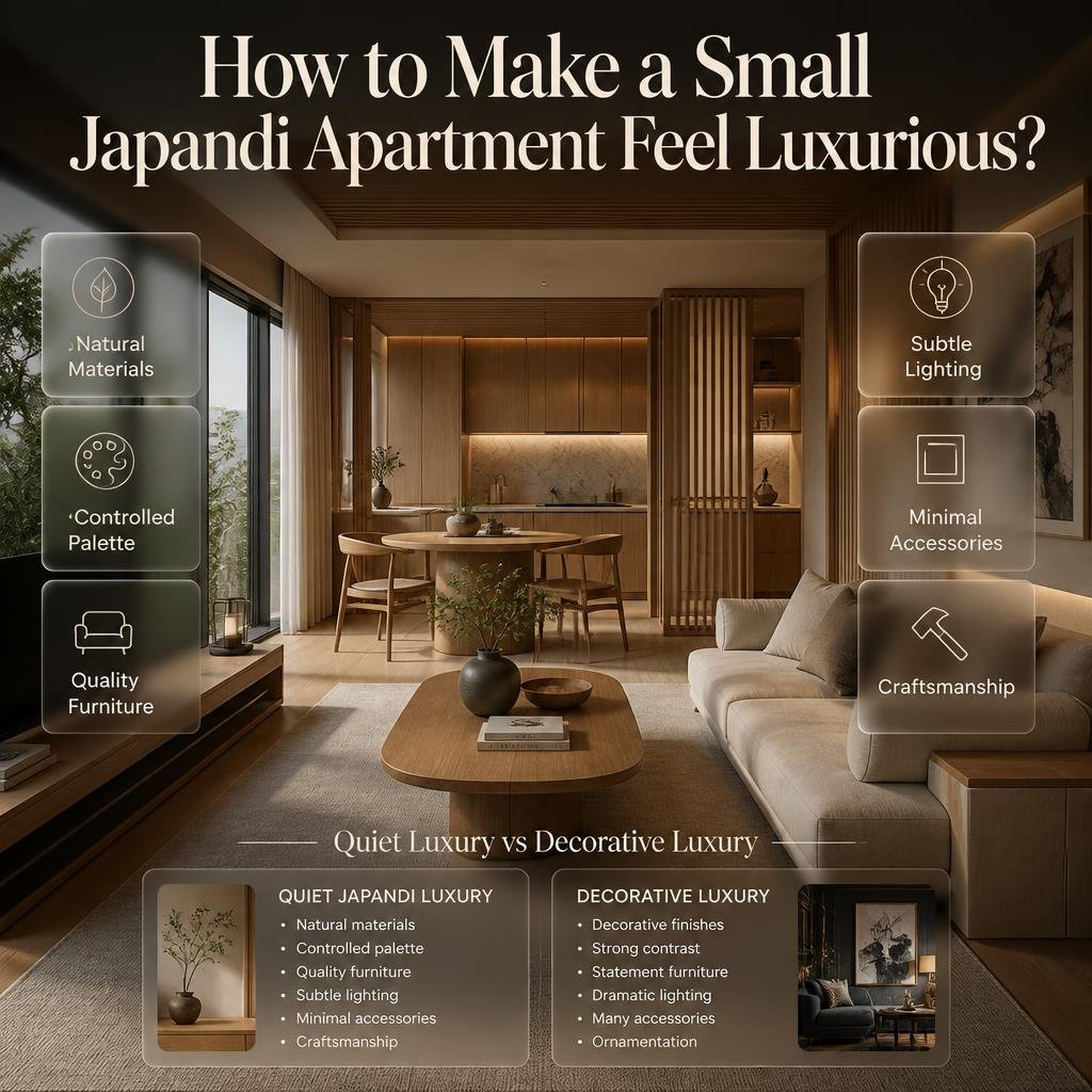 Luxury Japandi apartment with natural wood, comfortable upholstery, soft lighting, custom storage, artwork, and balanced proportions.
