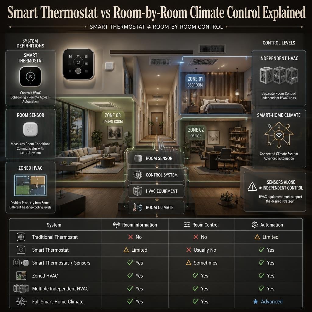 Smart thermostat versus room climate control comparing sensors, zoning, independent HVAC units, automation, and whole-home climate systems.