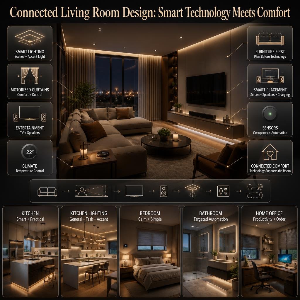 Connected living room with smart lighting, curtains, entertainment, climate control, sensors, and technology integrated around furniture.