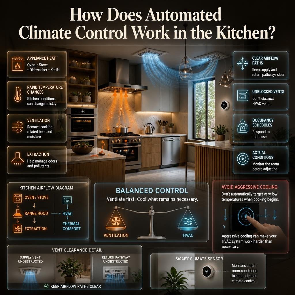 Automated kitchen climate control using ventilation, HVAC, occupancy schedules, clear vents, room sensors, and balanced temperature management.