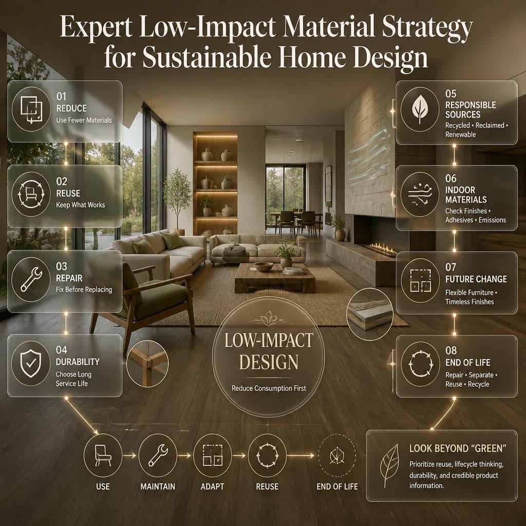 Expert low-impact material strategy showing reduce, reuse, repair, durability, responsible sourcing, indoor materials, flexibility, and end-of-life planning.
