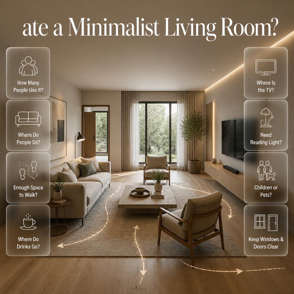 Warm minimalist interior with wood, textiles, plants, soft upholstery, warm colours, handmade objects, and layered lighting.