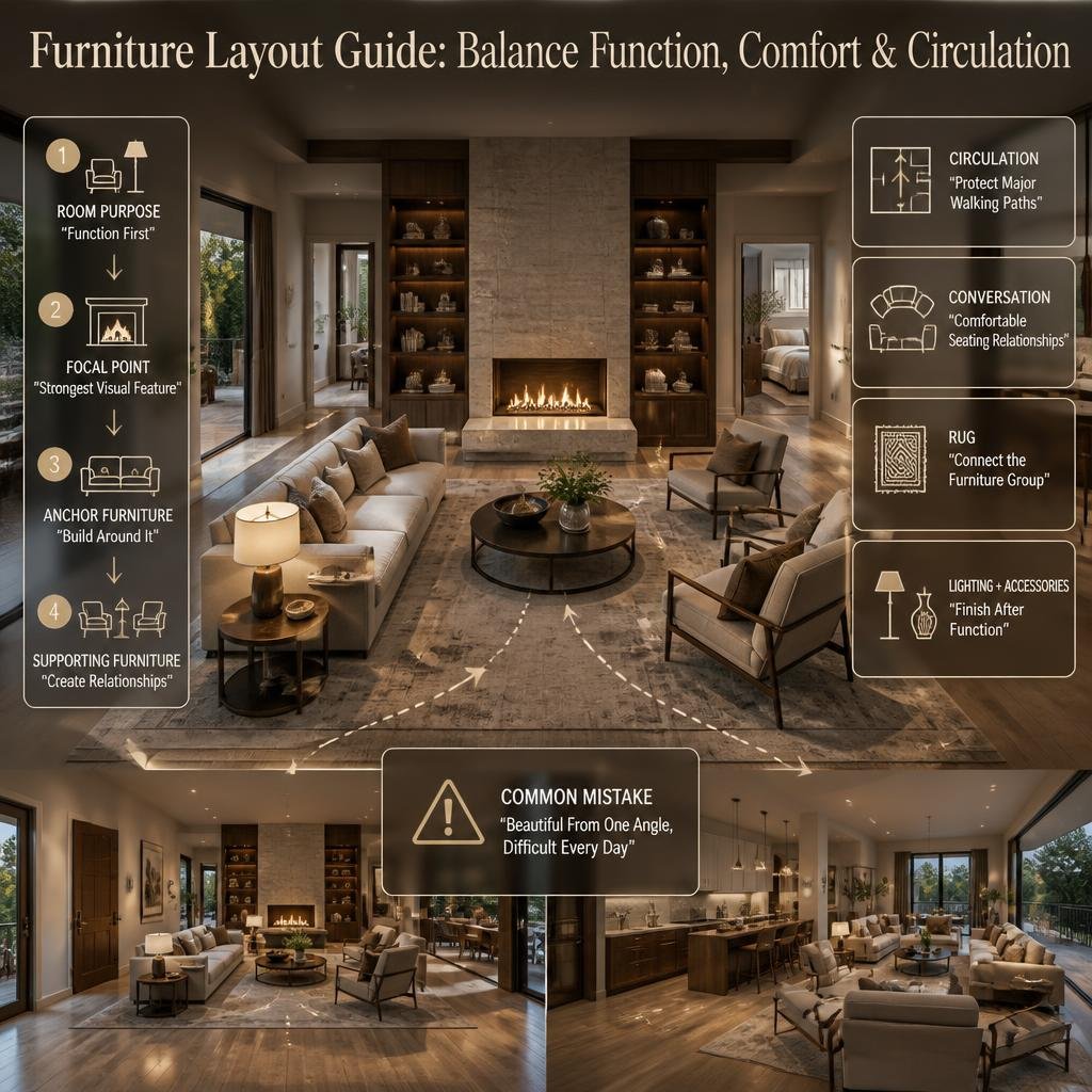 Furniture layout guide showing focal points, conversation areas, anchor furniture, circulation paths, rugs, lighting, and functional room planning.