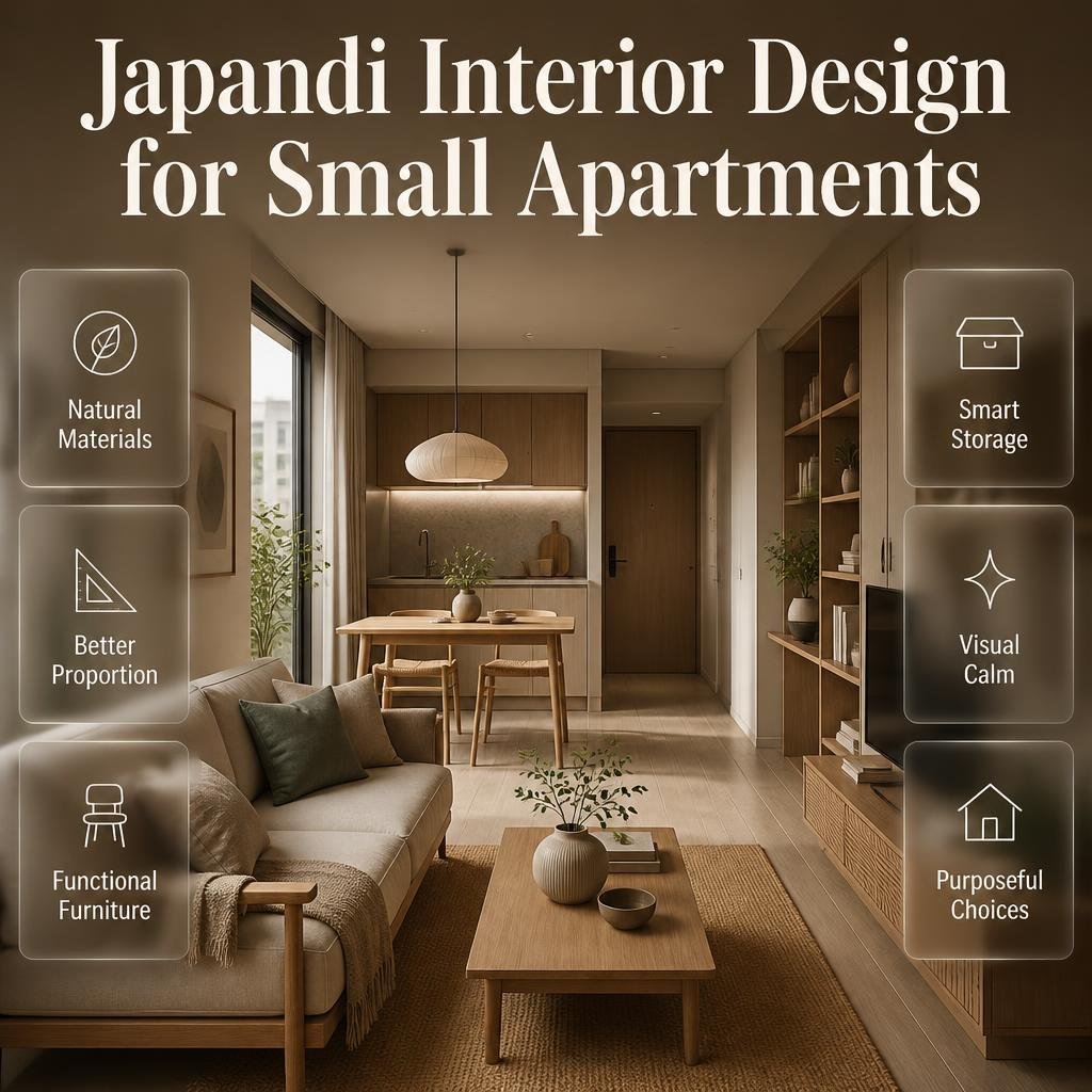 Japandi interior design for small apartments featuring natural materials, compact furniture, calm colors, and smart storage.