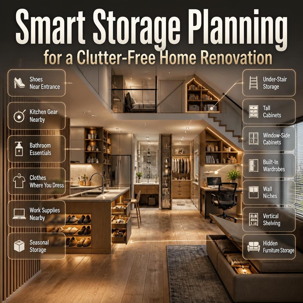Smart storage planning for home renovation with entryway, kitchen, bathroom, wardrobe, office, under-stair, and vertical storage ideas.
