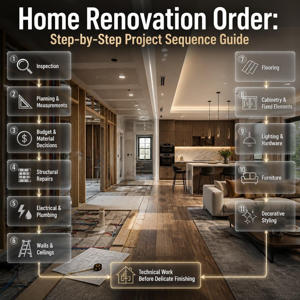 Home renovation order infographic showing inspection, planning, repairs, electrical, plumbing, flooring, cabinetry, furniture, and styling stages.