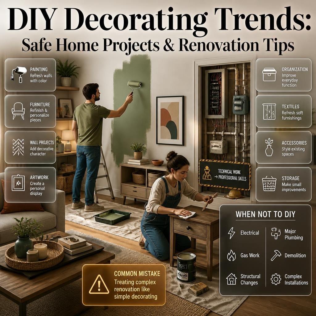 DIY decorating trends showing a homeowner painting, refinishing furniture, styling textiles, and avoiding complex electrical and structural work.