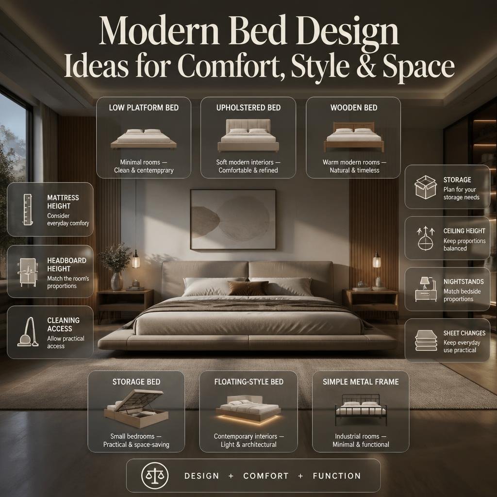 Modern bedroom featuring low platform, upholstered, wooden, storage, floating-style, and metal bed designs with practical proportions.