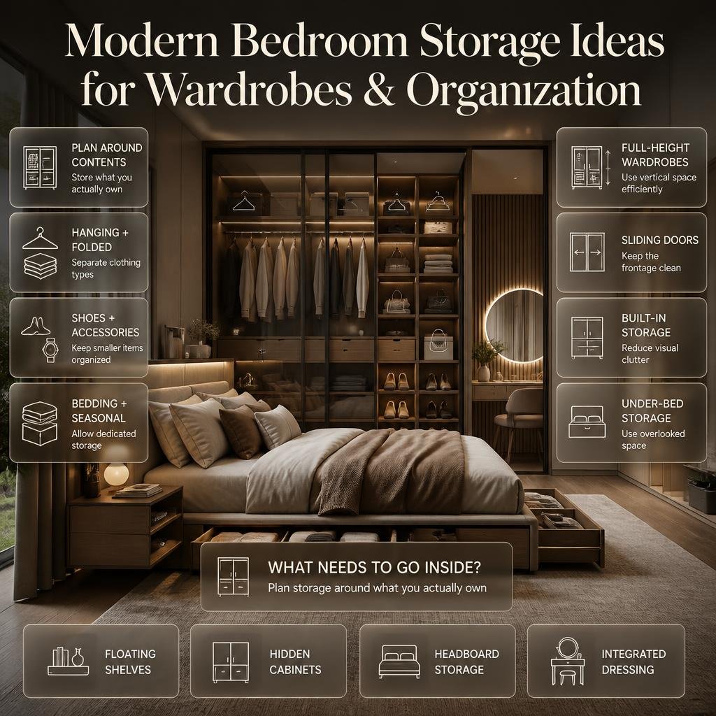 Modern bedroom storage with full-height wardrobes, sliding doors, under-bed drawers, shelves, hidden cabinets, and headboard storage.