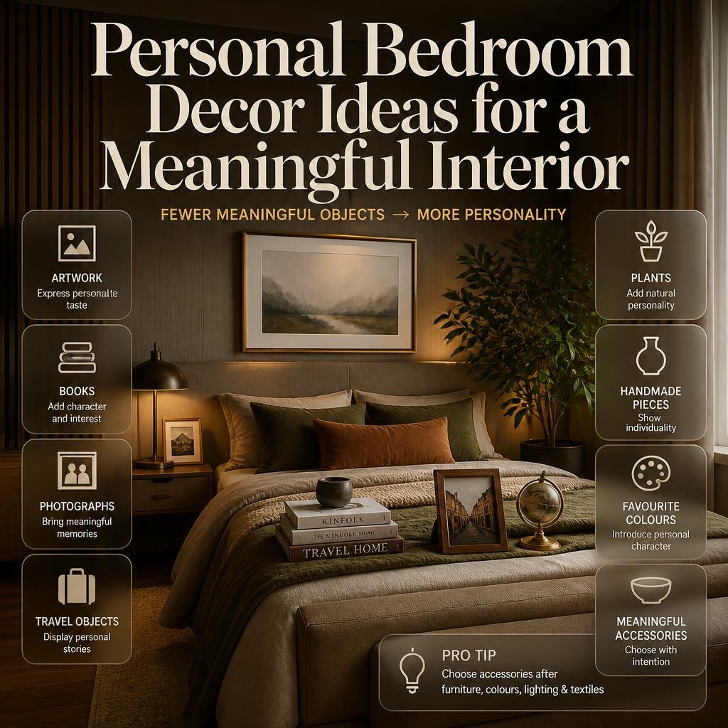Personal bedroom decor featuring artwork, books, photographs, plants, travel objects, handmade pieces, and meaningful accessories.