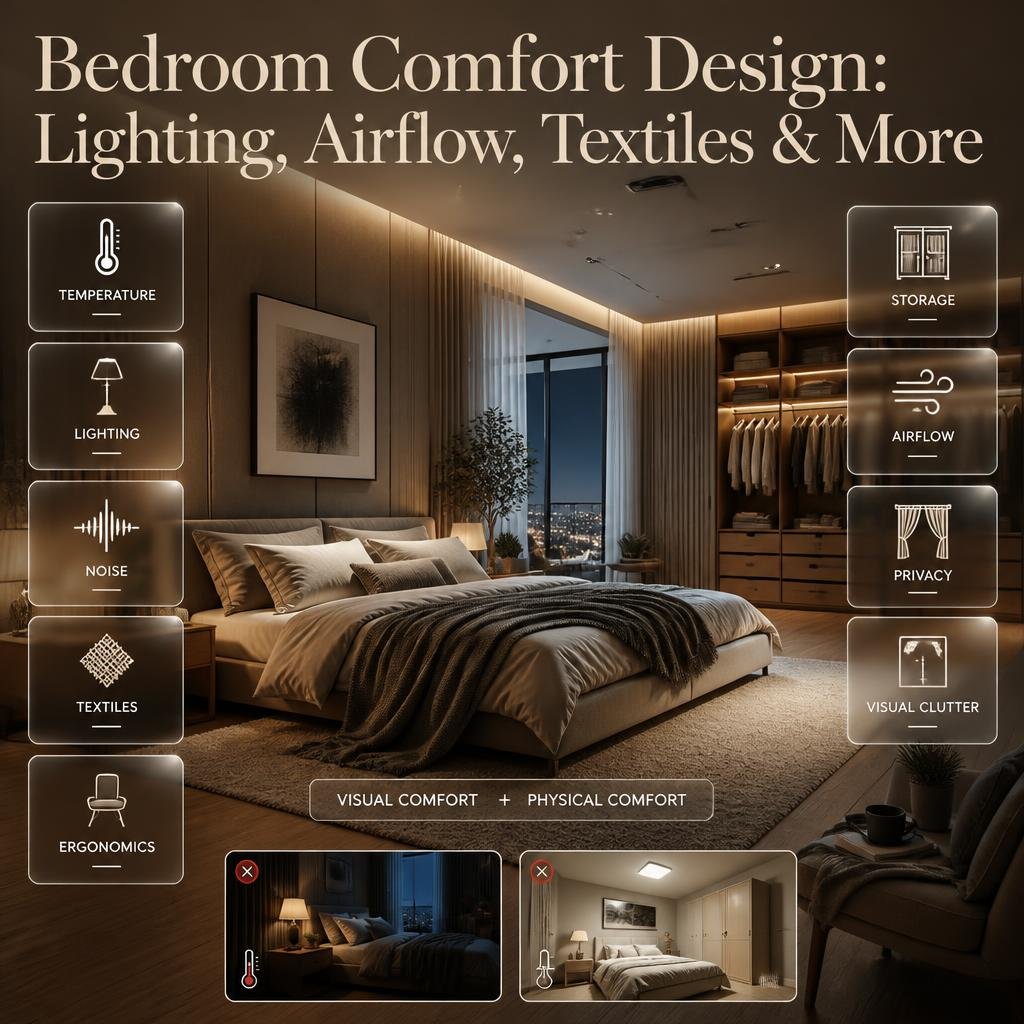 Bedroom comfort design showing balanced temperature, soft lighting, textiles, airflow, ergonomic furniture, storage, privacy, and low clutter.
