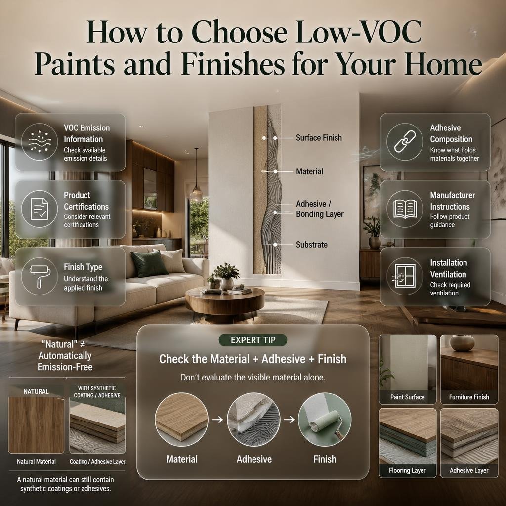 Low-VOC paint and finish selection for healthier indoor spaces, focusing on emissions, adhesives, certifications, finishes, and ventilation.