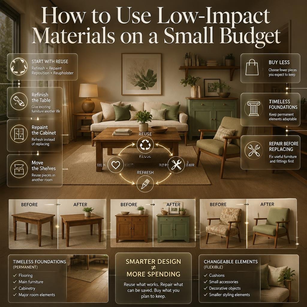 Budget-friendly low-impact home design using reuse, repair, timeless foundations, fewer purchases, and creative furniture upgrades.