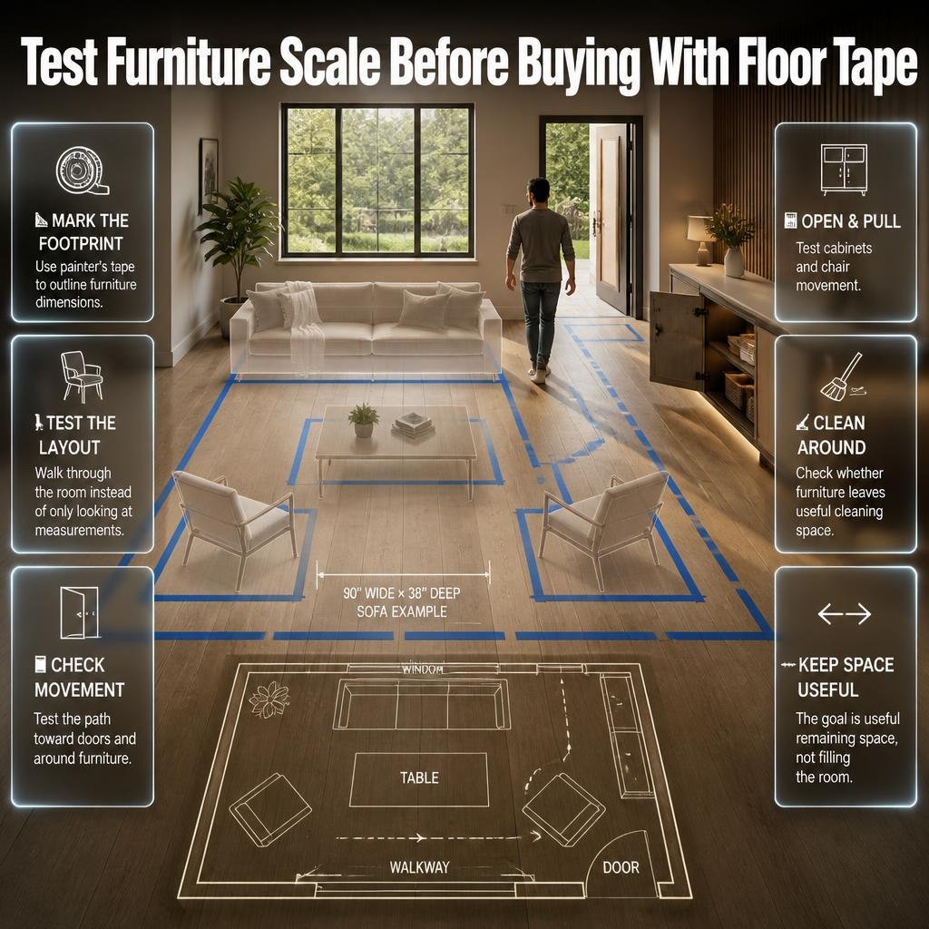 Infographic showing 8 common sofa-to-coffee-table mistakes, including poor spacing, circulation problems, inaccurate measuring, and blocked access.