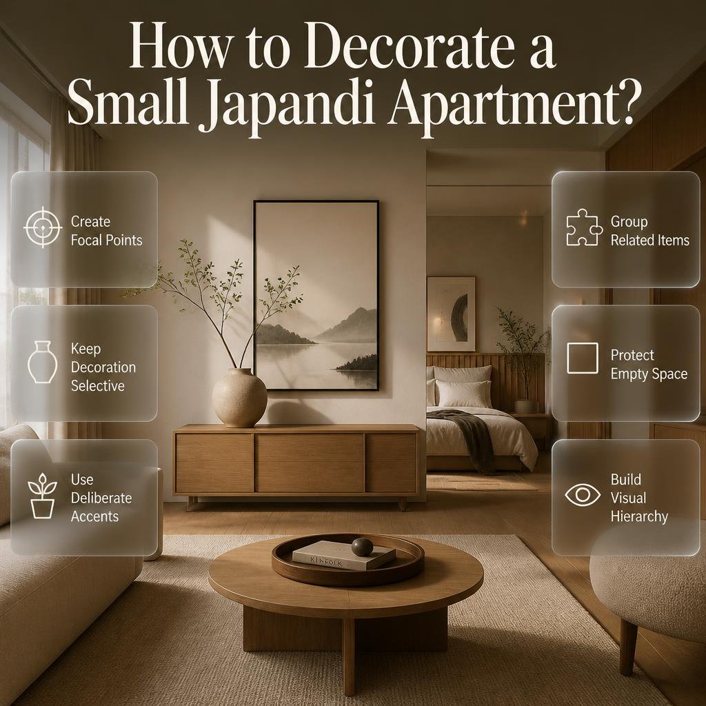 Small Japandi apartment decorated with grouped accents, ceramic vase, artwork, plant, book, textile, and intentional empty space.