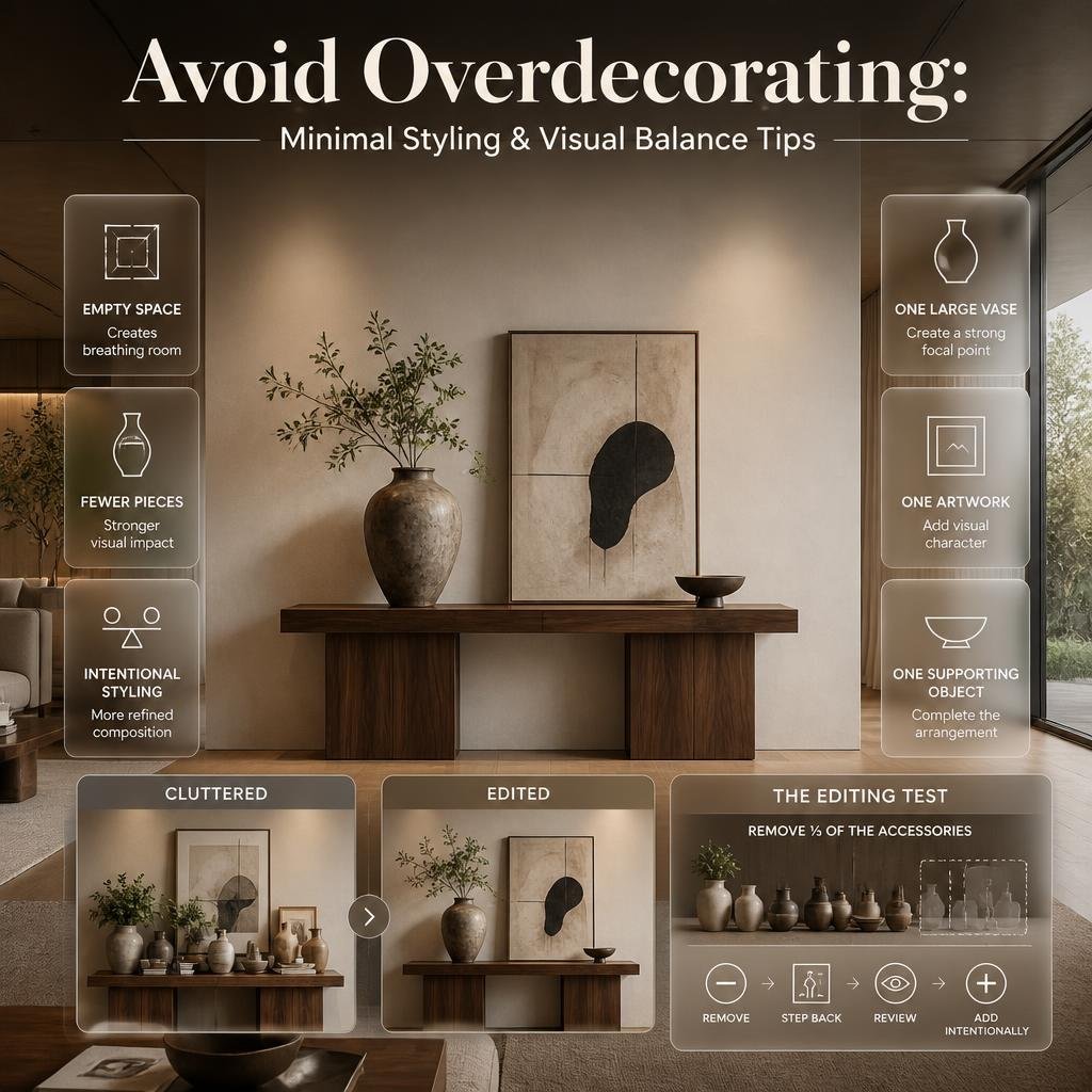 Avoid overdecorating with fewer statement pieces, intentional empty space, balanced accessories, and a cleaner interior styling approach.
