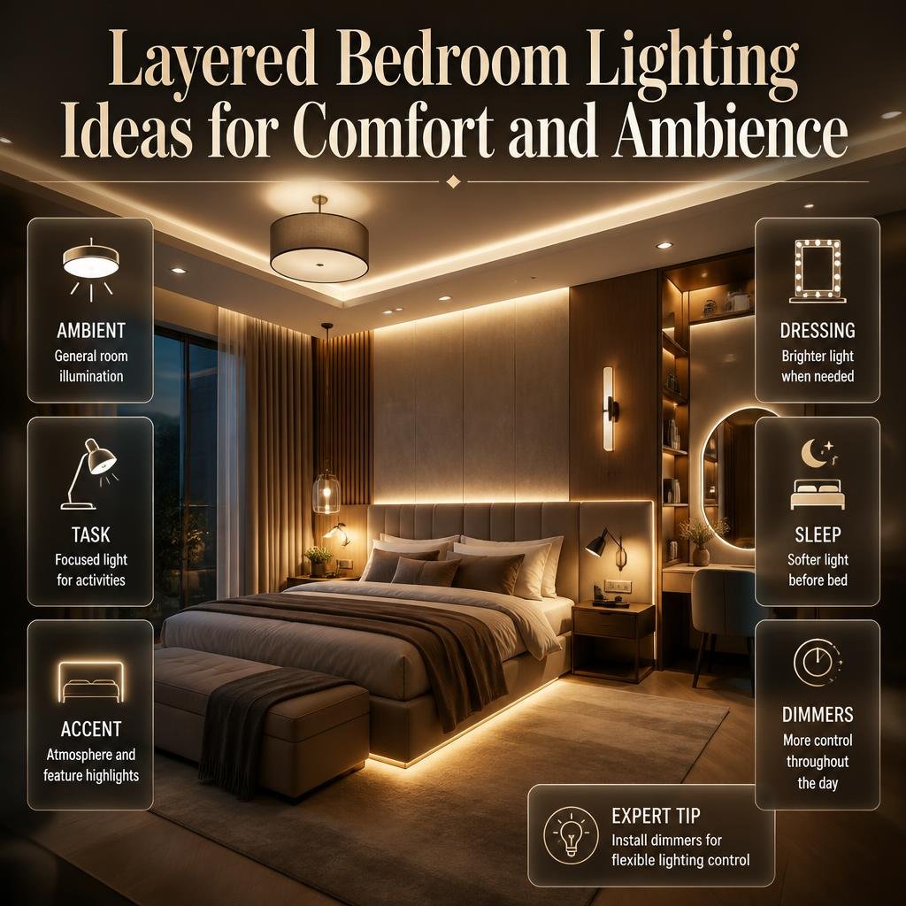 Layered bedroom lighting with ambient ceiling lights, bedside task lamps, accent illumination, and dimmable controls for comfort.