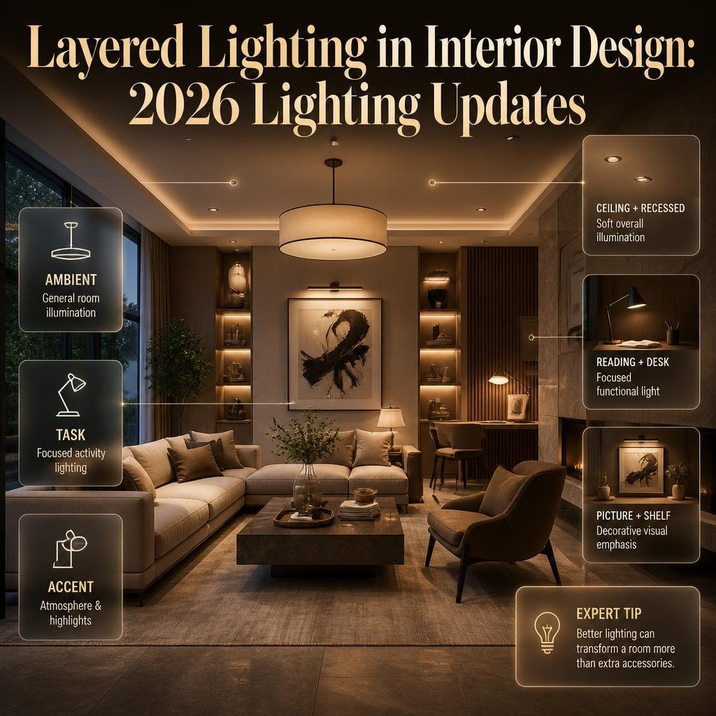 Layered interior lighting using ambient, task, and accent lights to create flexible, comfortable, and visually balanced rooms.
