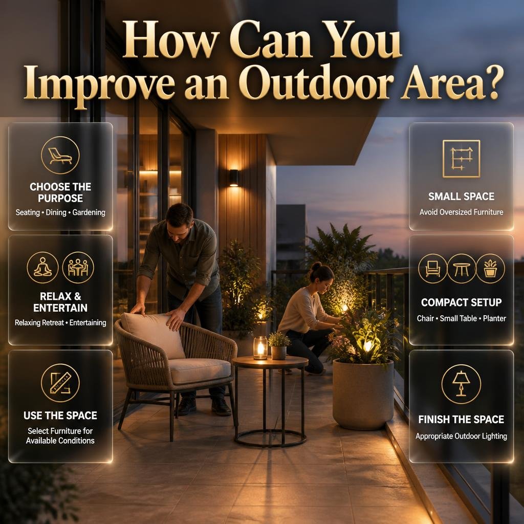 Outdoor area ideas showing a stylish small balcony with compact furniture, plants, lighting, and people creating a functional retreat.