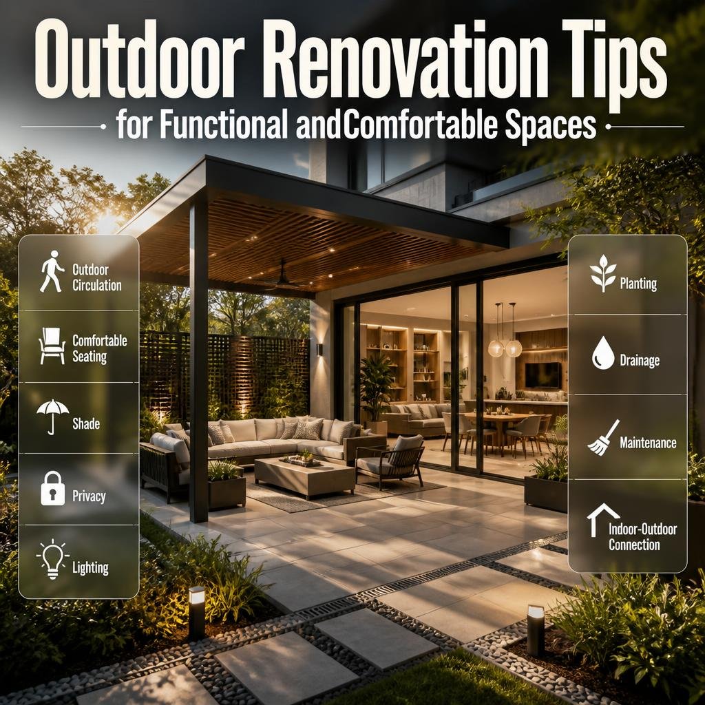 Outdoor renovation tips showing patio seating, shade, privacy, lighting, planting, drainage, and indoor-outdoor connections for better usability.