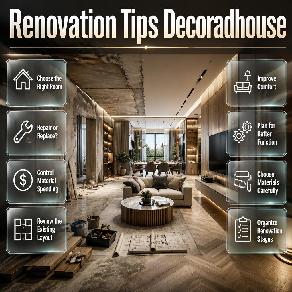 Renovation Tips Decoradhouse showing smart home renovation planning, material choices, room improvements, budgeting, and practical design decisions.Renovation Tips Decoradhouse for Smarter Home Improvements