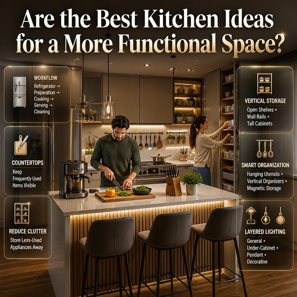 Functional kitchen ideas showing organized storage, efficient workflow, purposeful countertops, and layered kitchen lighting with people working.