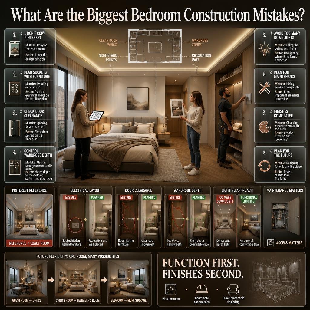 Bedroom construction mistakes including blocked sockets, poor door clearance, deep wardrobes, excessive downlights, and inflexible layouts