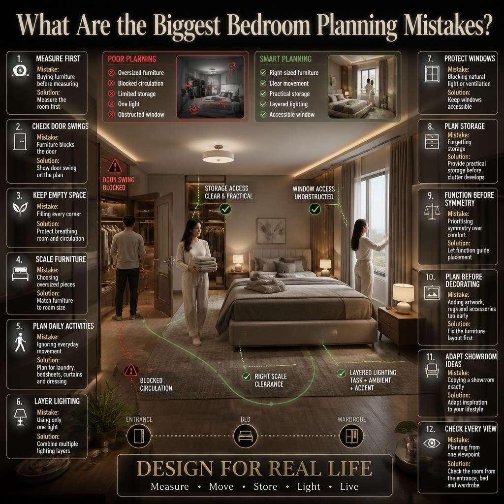Bedroom planning mistakes including oversized furniture, blocked doors and windows, poor storage, single lighting, and cluttered layouts