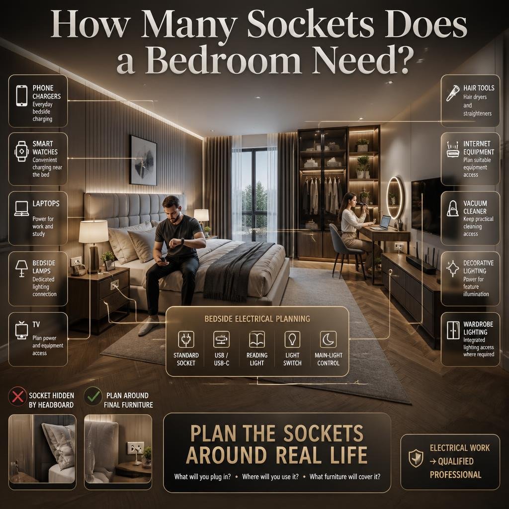 Bedroom electrical planning showing bedside sockets, USB charging, reading lights, switches, TV, desk equipment, and wardrobe lighting