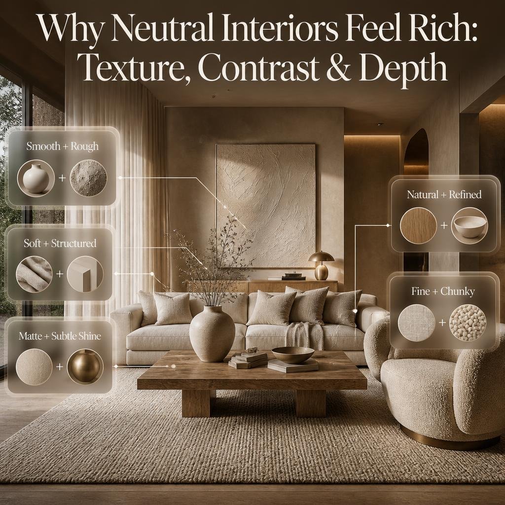 Neutral interior showing layered textures, contrasting surfaces, linen, wool, bouclé, timber, ceramic, and textured artwork.