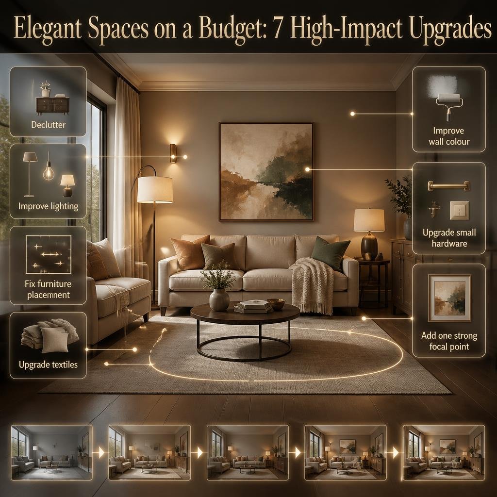 Budget-friendly elegant interior showing decluttering, lighting, furniture placement, textiles, wall colour, hardware, and focal decor.
