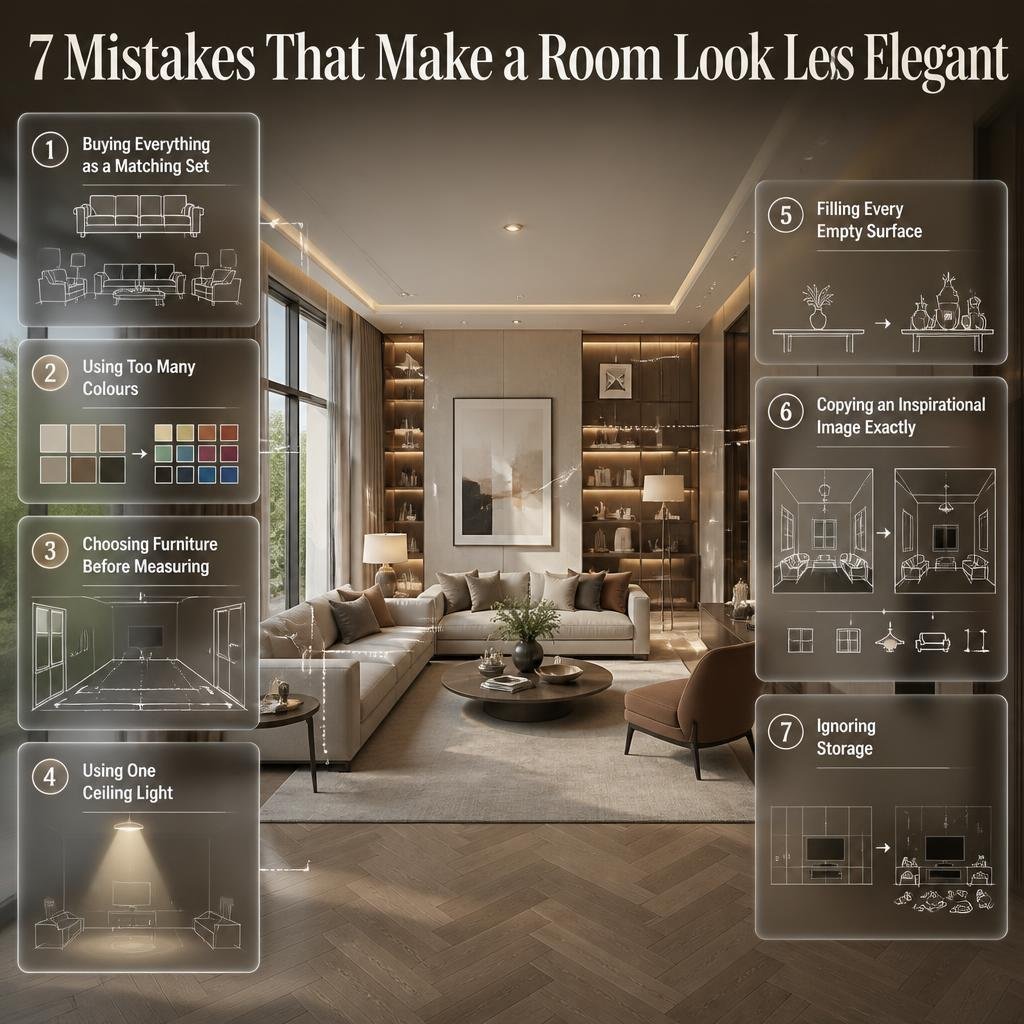 Interior design infographic showing seven common mistakes that reduce elegance, including clutter, poor lighting, matching sets, and weak storage.