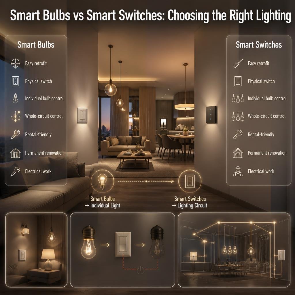 Smart bulbs versus smart switches infographic comparing retrofit ease, physical controls, bulb control, circuits, rentals, and renovation.