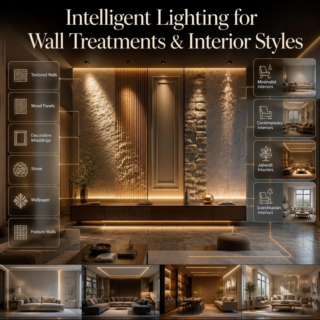 Intelligent lighting illuminating textured walls, wood panels, mouldings, stone, wallpaper, minimalist, Japandi, and Scandinavian interiors.