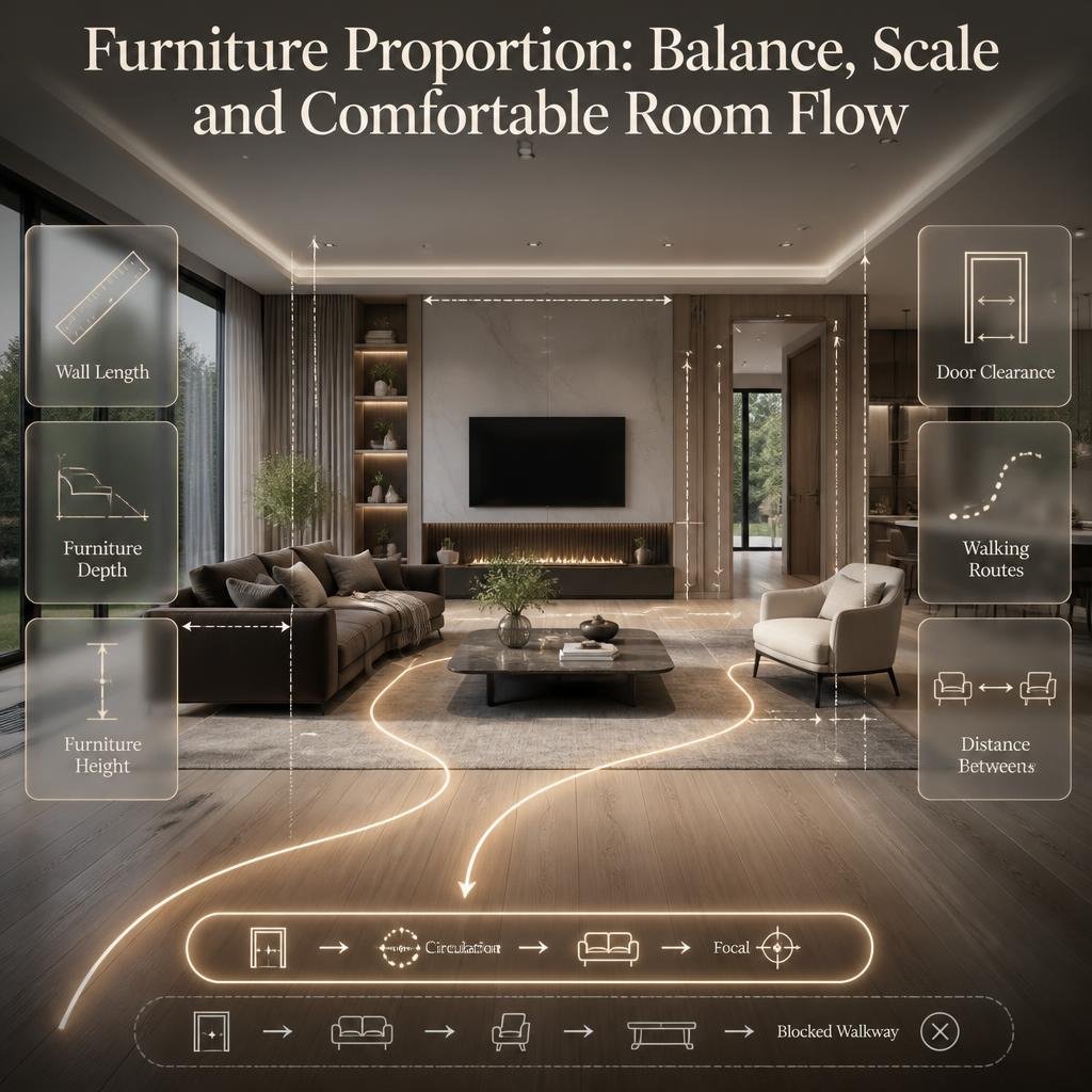 Furniture proportion infographic showing balanced sofa scale, room measurements, circulation paths, and comfortable interior flow.