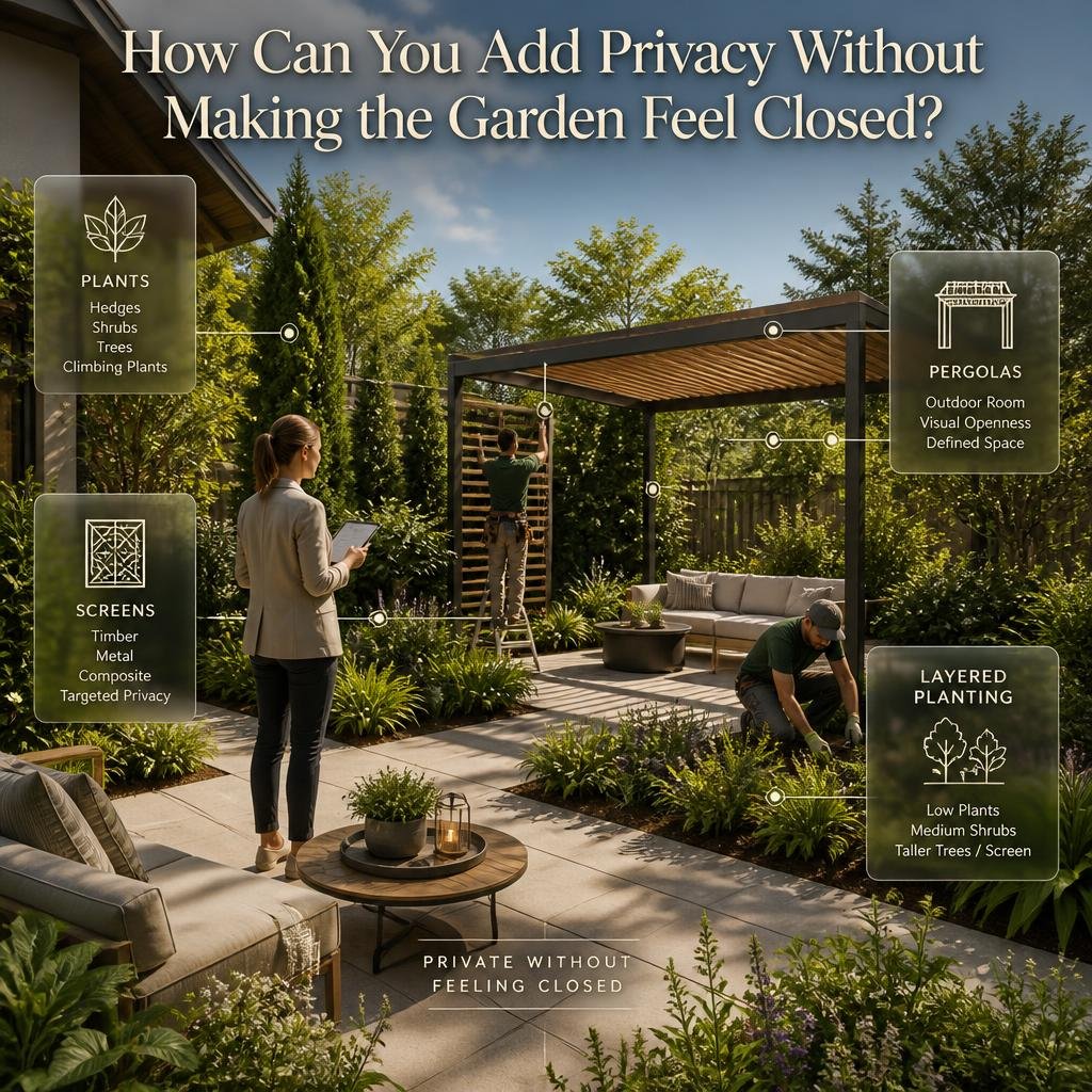 Layered garden privacy using plants, screens, pergolas, and varied planting heights while keeping the outdoor space open and spacious.