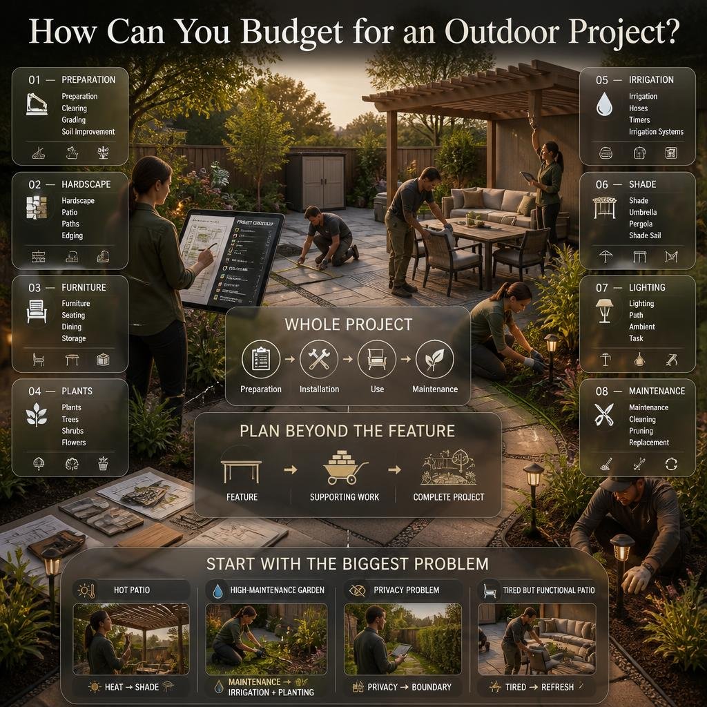 Outdoor project budget planning with patio, furniture, plants, irrigation, shade, lighting, preparation, and maintenance costs organized by priority.