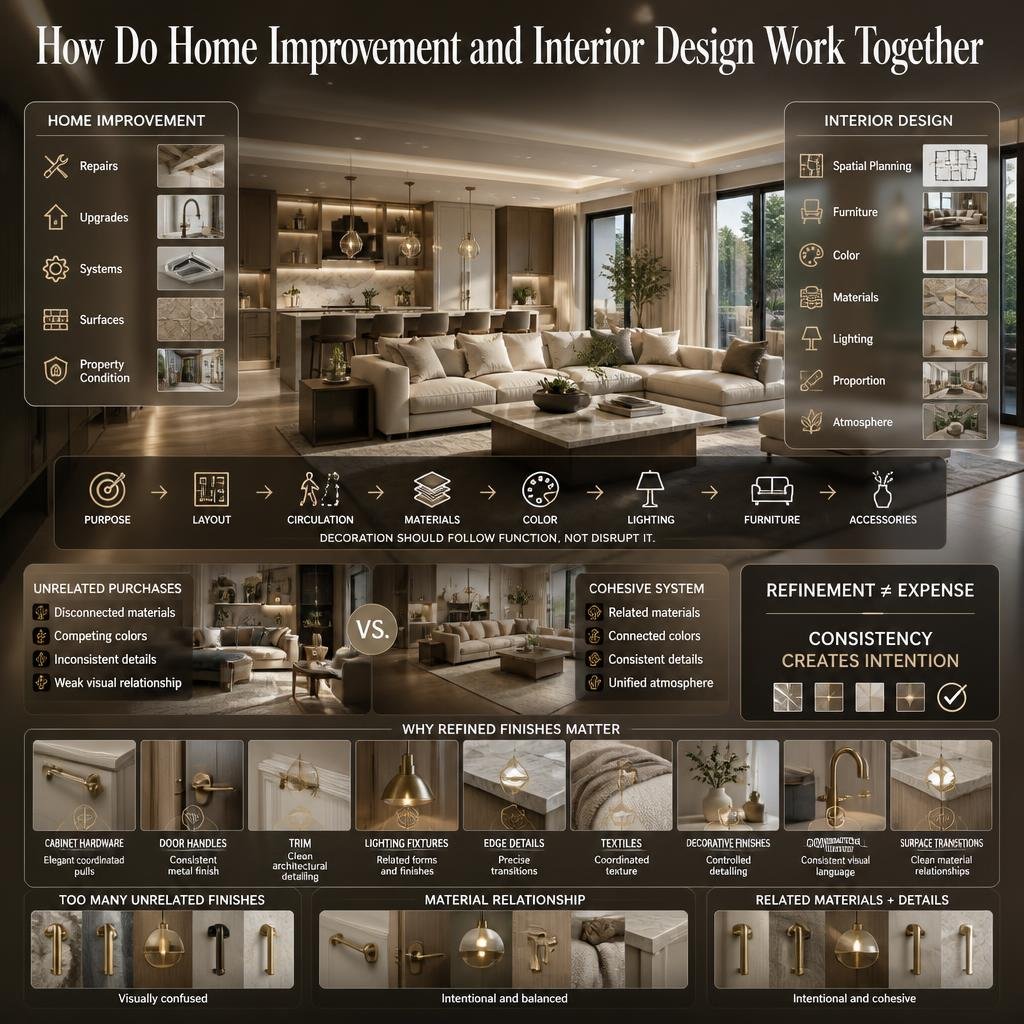 Home improvement and interior design working together through layout, materials, color, lighting, furniture, accessories, and refined finishes.
