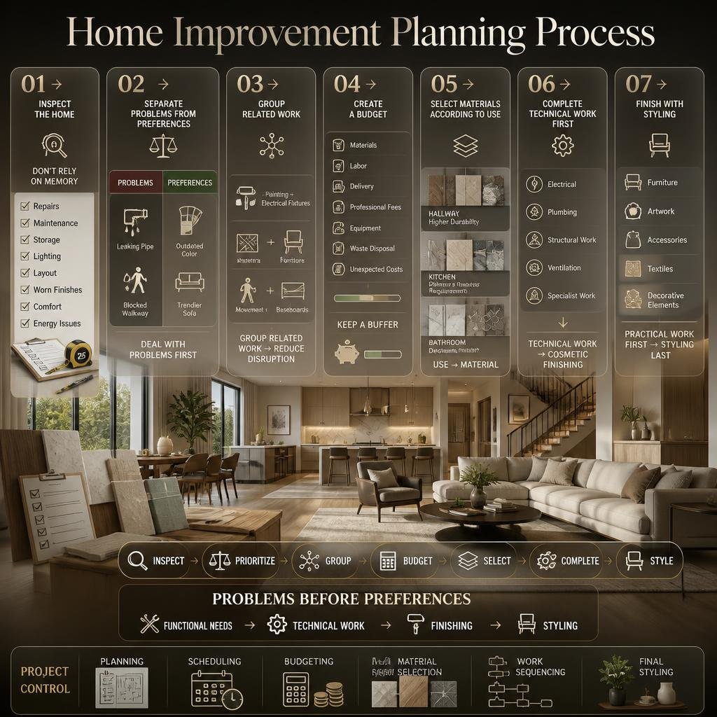 Home improvement planning process covering inspection, priorities, grouped work, budgeting, materials, technical work, and final styling.