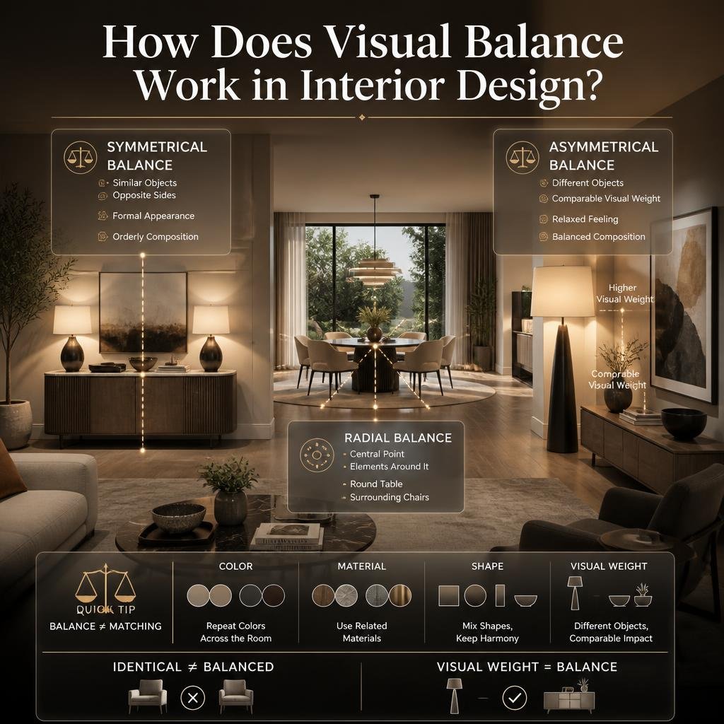 Visual balance in interior design using symmetrical, asymmetrical, and radial arrangements to distribute attention throughout a room.