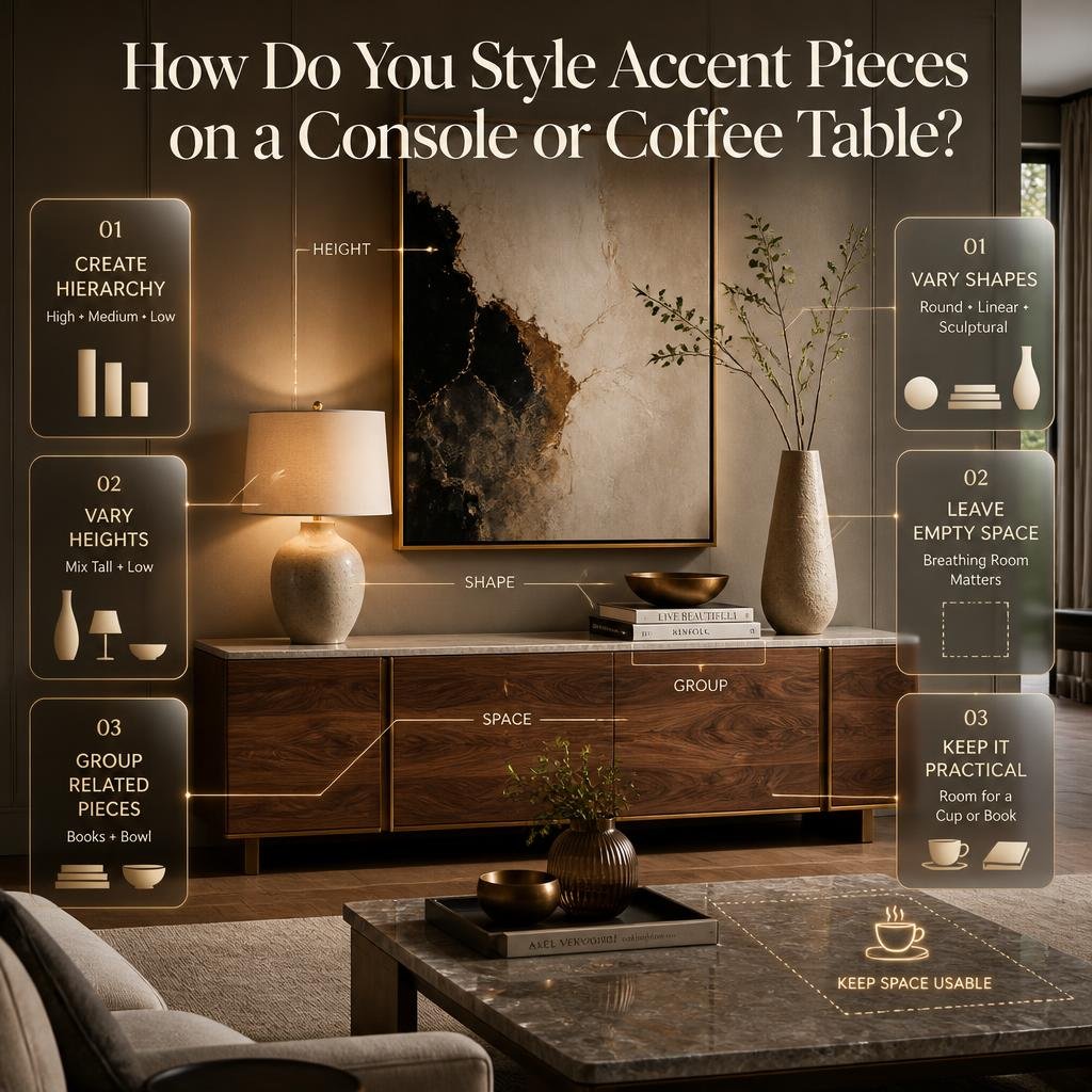 Luxury console and coffee table styling with varied heights, shapes, grouped decor, artwork, books, vase, lamp, and open space.
