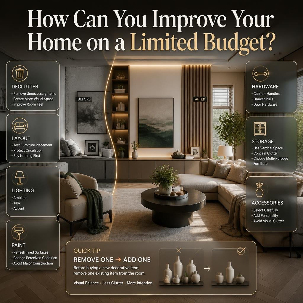 Budget-friendly home improvement ideas using decluttering, layout, lighting, paint, hardware, storage, and accessories