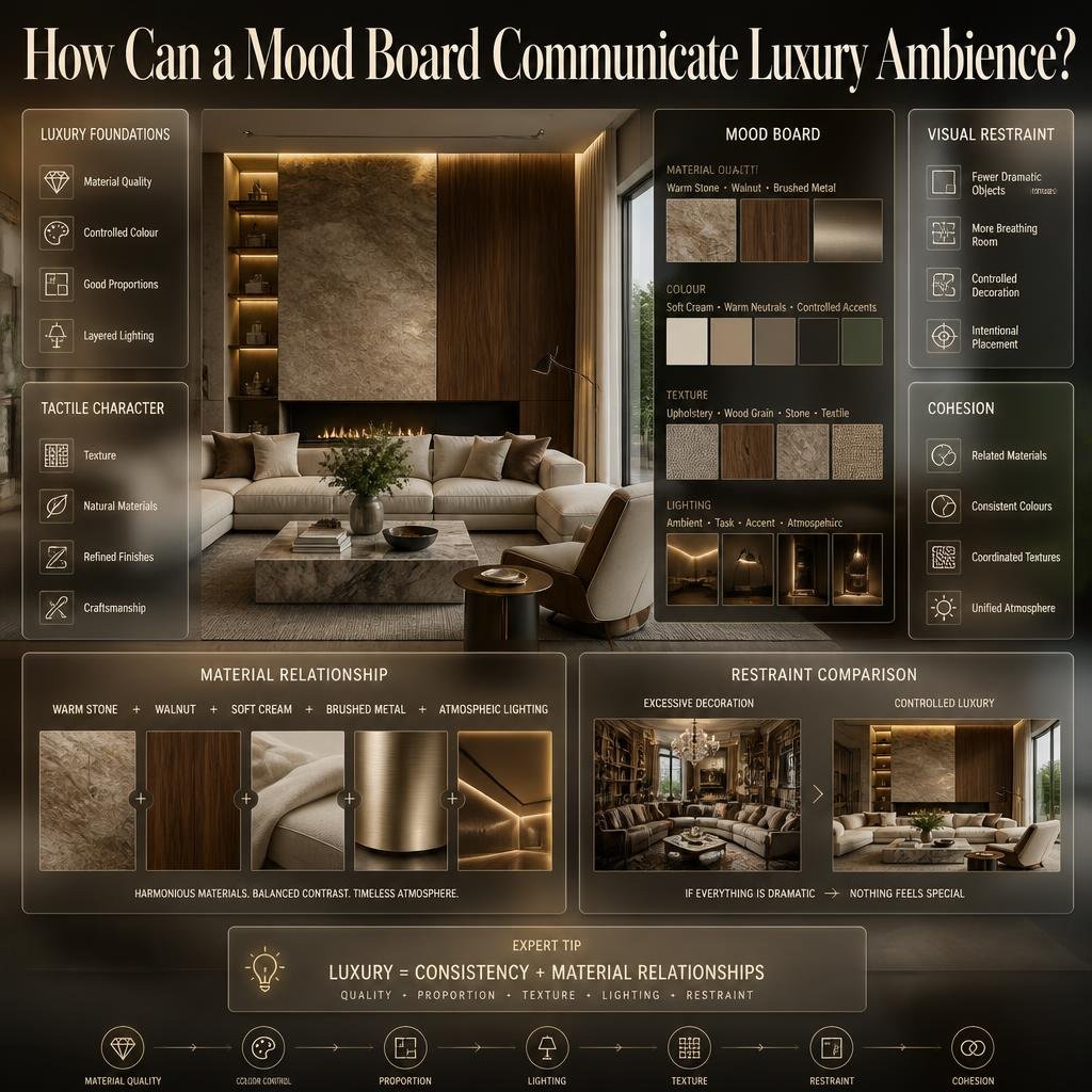 Luxury mood board combining warm stone, walnut, cream upholstery, brushed metal, layered lighting, texture, and cohesive styling