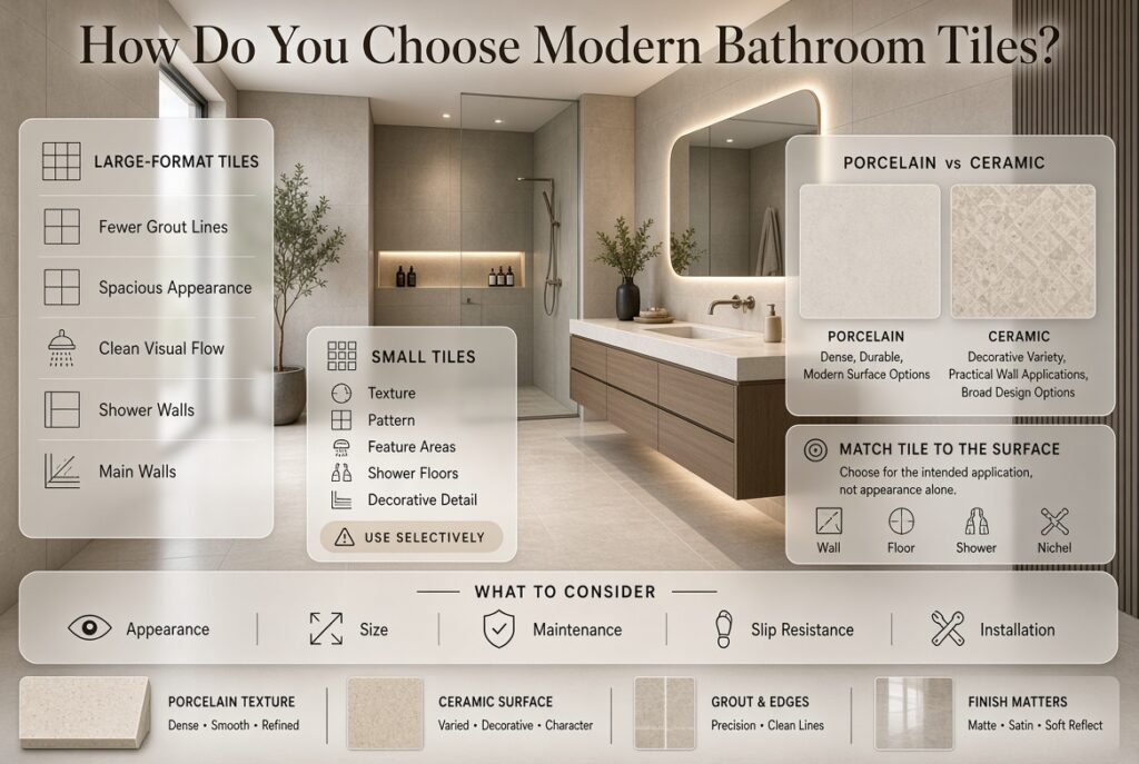 Modern bathroom tile ideas comparing large-format, small, porcelain, and ceramic tiles for stylish, practical, and durable surfaces